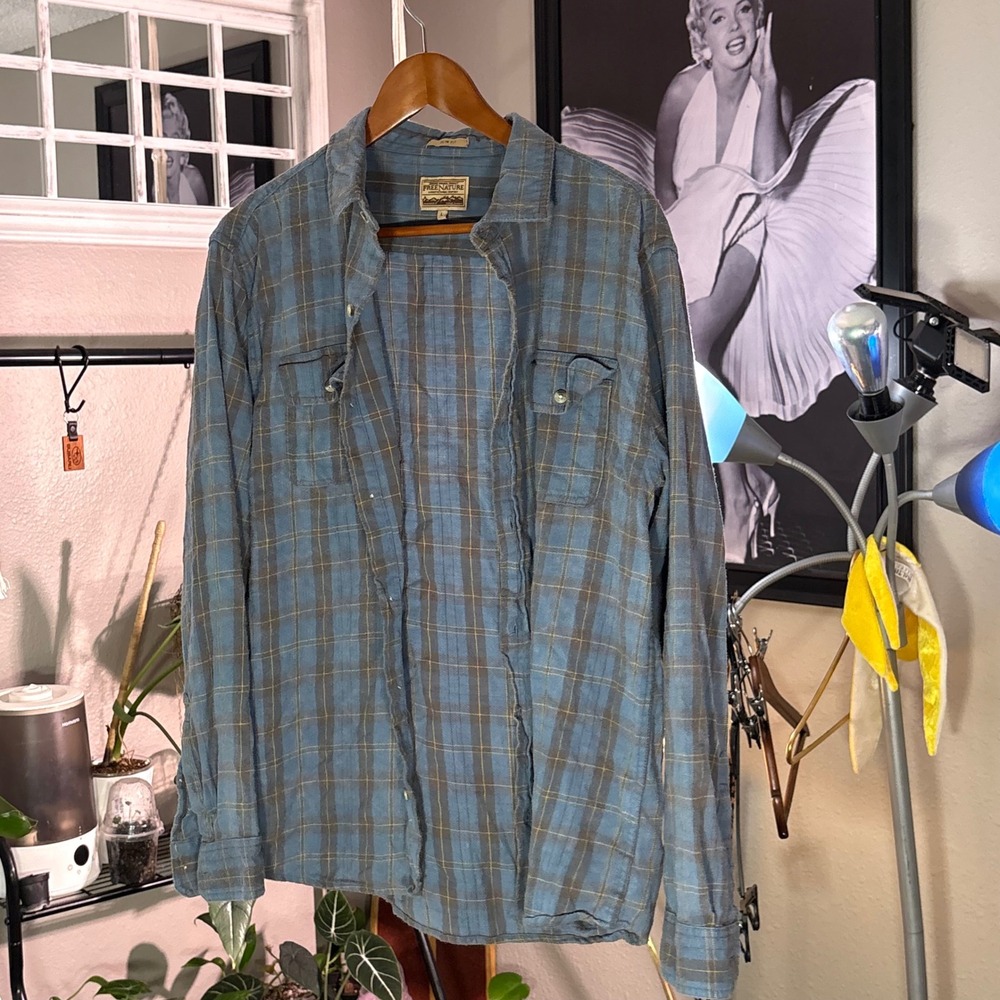 Free Nature Flannel Shirt Mens Large‎ Blue Excellent Slim Fit Plaid Button Down